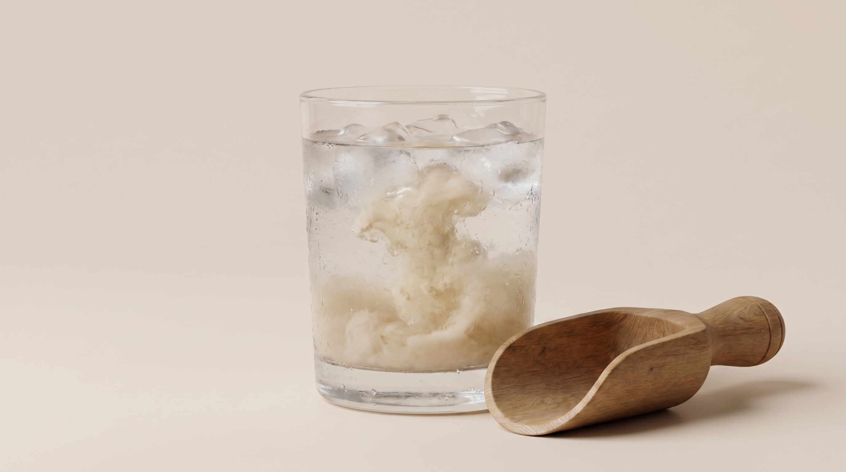 Collagen dissolving in a glass of iced water